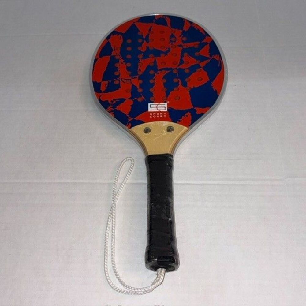 Sport Court Beach Tennis Racket Red Navy Wood Handle Wrist Strap New